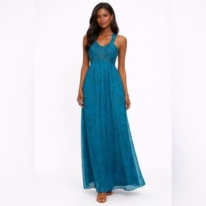 Nicole Miller Teal Beaded Chiffon Maxi Dress Size 8 Vintage